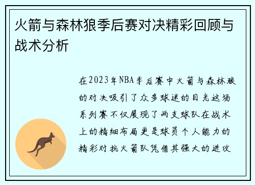 火箭与森林狼季后赛对决精彩回顾与战术分析